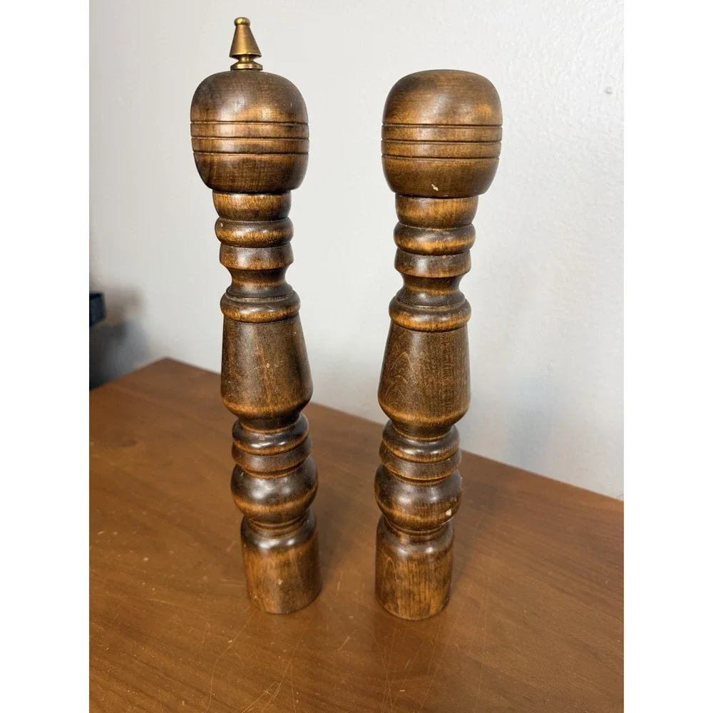 Tall Vintage Solid Hardwood  Pepper Grinder Mill & Salt Shaker Set - 11.5